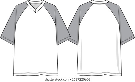 Men Oversized contrast raglan short sleeves tee, v-neck, front and back sketch, vectors, streetwear style, light grey sleeves, white body, basics clothing