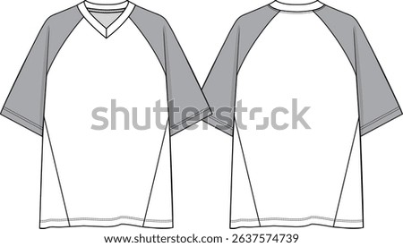 Men Oversized contrast raglan short sleeves tee, v-neck, side body inserts, front and back sketch, vectors, streetwear style, light grey sleeves, white body, basics clothing