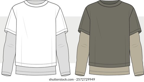 MEN OVERSIZED LONG SLEEVE LAYERED T-SHIRT VECTOR FLAT MOCK-UP TEMPLATE, FASHION DRAWING, ILLUSTRATION.