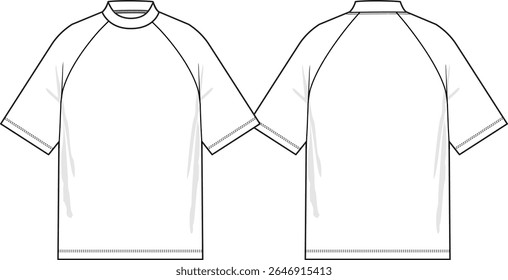 Men oversized t-shirt with crew neck band, Raglan short sleeves, boxy fit, sketch front and back, vectors