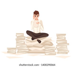 Men overwork in office. Cartoon character design. Worked overtime, tired office worker. Stress of work. Man sit on paper stacks. Flat vector illustration isolated on white background
