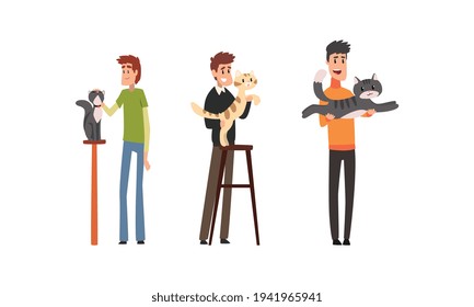 Men Owners Presenting their Purebred Cats at Pet Show Set Cartoon Vector Illustration