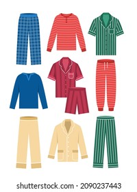 Pajamas masculinos. Ropa de casa masculina. Distintos estilos y colores. Ropa de dormir cómoda, camisas, pantalones cortos, algodón y seda. Ilustración vectorial plana