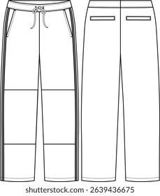 Men pant with knee cuts, contrast piping on each side seam, drawstring at waistband, hand welt pockets at front, back welt pockets, wide leg, sketch front and back, vectors