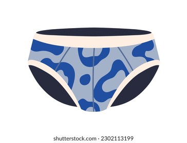 Men panties, briefs. Male underwear, pants design with abstract print. Mens underclothing, modern guys underpants. Flat vector illustration isolated on white background