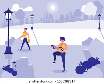 men in park in the city doing sports vector illustration design