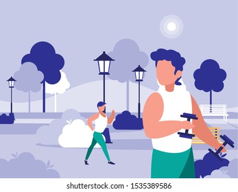 men in park in the city doing sports vector illustration design