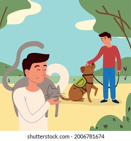 men in the park with pets cartoon