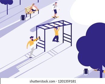 men in park with playground isolated icon