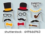 Men party set. Cardboard carnival mask. Includes hat, mustache, glasses, tobacco pipe and bow tie. Masks for a photo shoot. Photo booth elements.