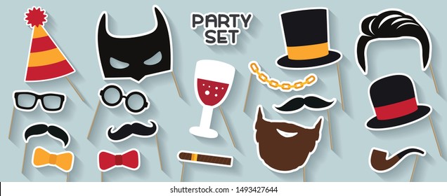 Men party set. Cardboard carnival mask. Includes hat, mustache, glasses, tobacco pipe, beard, cigar, wine, bow, capand bow tie. Masks for a photo shoot. Photo booth elements.