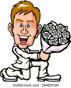 Men pass the bouquet on one knee