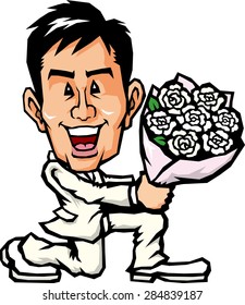 Men pass the bouquet on one knee