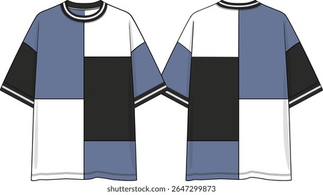 Men Patchwork colorblock oversized tee crew neck, short sleeves dropped shoulder, black and white yarn dye rib at neck and cuff, sketch front and back, blue, black and white, vectors