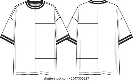 Men Patchwork oversized tee with crew neck, short sleeves dropped shoulder, black and white yarn dye rib at neck and cuffs, sketch front and back, vectors