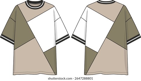 Men Patchwork slanted cuts color block oversized tee with crew neck, short sleeves dropped shoulder, black and white yarn dye rib at neck and cuffs, sketches, vectors, olive, light khaki and white