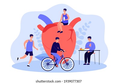 Men people with healthy heart riding bike, drinking water, keeping diet. Health and medicine flat vector illustration. Healthy eating lifestyle, sport concept for poster, website or landing web page