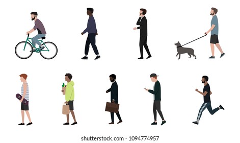 Men perform various actions - walking a dog, going to a business meeting, riding a bicycle, running, talking on the phone, carrying bags of groceries, walking. Group of male flat cartoon. eps10 vector