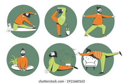 Men perform various yoga asanas, sports at home. A set of characters leading a healthy lifestyle.