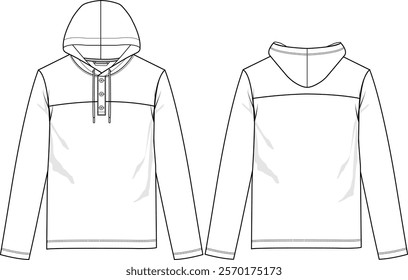 Men performance hoodie with henley butonned placket, long sleeve, front yoke and back yoke, regular straight hem, front and back view, vector sketches