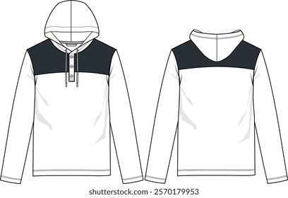 Men performance hoodie with henley neckline, buttonned placket, contrast front and back yoke, long sleeve, regular straight hem, front and back view, vector sketches