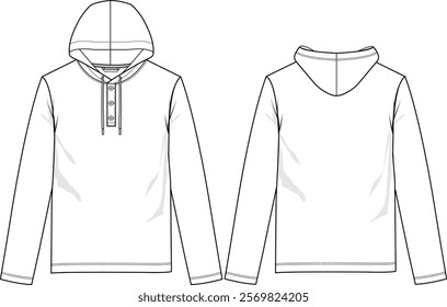 Men performance hoodie with henley placket with buttons, long sleeve, regular straight hem, front and back view, vector sketches