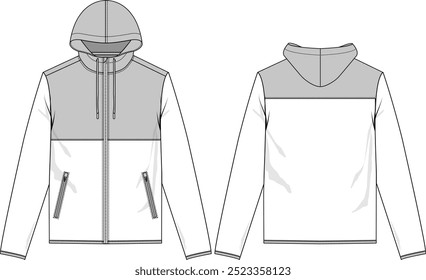 Men performance jacket outdoor wear, nylon overlays, drawcord hoodie, zip pockets, sketch front and back, vectors