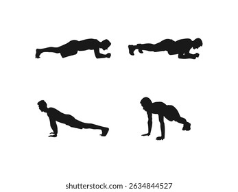 Men Performing Plank Exercise Silhouettes. A fitness man doing planking exercise in a gym. vector isolated on a white background.