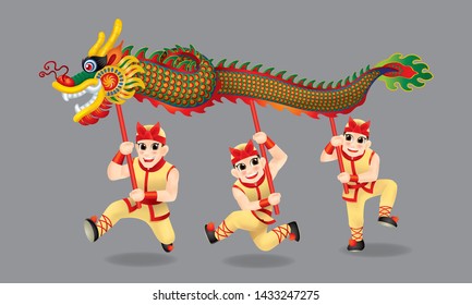 Men Performing Traditional Chinese Dragon Dance Stock Vector (Royalty ...