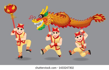 Men performing traditional Chinese dragon dance. With different posts. Isolated.