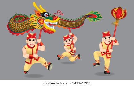 Men performing traditional Chinese dragon dance. With different posts. Isolated.