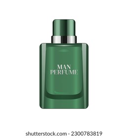 Men perfume square glass bottle in trendy realistic vector illustration with navy green color packaging. Popular perfume spray for men's in the world. Editable graphic resources for many purpose