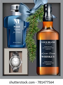 Men perfume and watch Gift set Vector realistic. Top view 3d design.