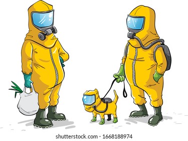 Men and pet in bio hazard suits going about their business