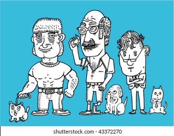 Men With Pets - Vector Illustration