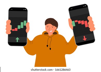 Men with phones, long and short graphs. The concept of a universal application with cryptocurrency and finance (Binary option, forex market, benance) Web banner for online trading 