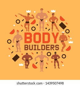 Men physics banner vector illustration. Muscle bodybuilder men flexing his muscles. Fitness models, posing, bodybuilding. Sportsmen in gym. Strong people. Male showing his biceps.