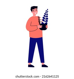 Hombres con ilustraciones vectoriales planas de planta. Pequeñas personas salvan la ecología del mundo y el enorme planeta en segundo plano