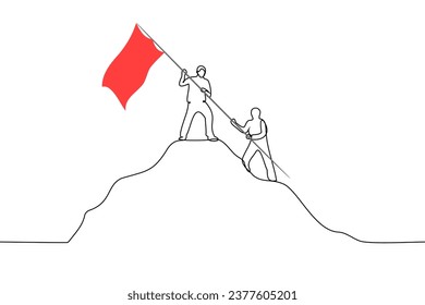 men planting a red flag on the top of a mountain - one line art vector. achievement concept, teamwork