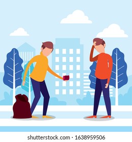 men with plastic garbage bag in the camp vector illustration design