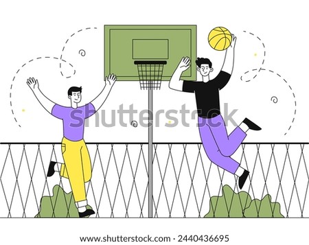 Men play basketball linear. Young guys with ball at sports court. Active lifestyle and team game. Tournament and competition. Simple flat vector illustration isolated on white background