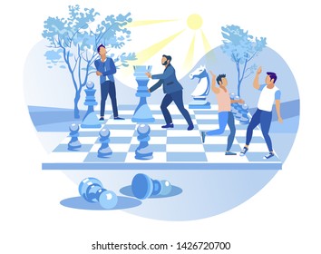 Men Play Big Chess in Background City Park. Chess Pieces. Achive Goal. Overcome Obstacles. Successful Businessman. Vector Illustration. Receive Reward. Reach Top. Competitive Process.