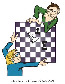 men play chess. Caricature of a complex combination.