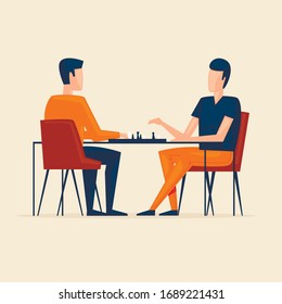 Männer spielen Schach. Quarantäne. Flache Illustration im Cartoon-Stil. Vektorillustration.