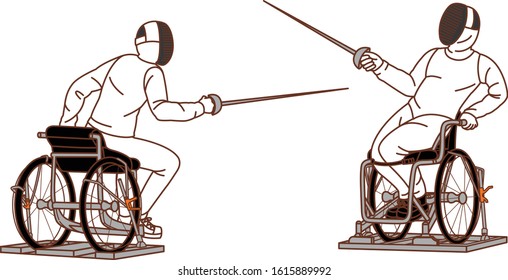 Men play fencing with wheelchair