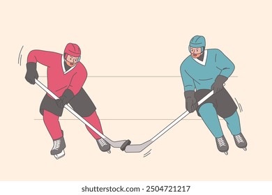 Men play hockey, trying to take puck from opponent with stick and score goal. Two hockey players from different teams participate in international tournament at winter sports olympics