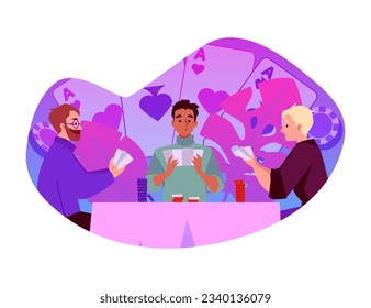 Men play poker, gambling card game. Cartoon gambler characters try their luck and fortune, addiction. Vector illustration isolated with aces of different suits and floral on the background