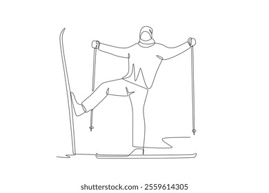 Men play skiing. Winter sport concept one-line drawing