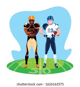 men players american football on stadium grass vector illustration design