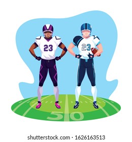 men players american football on stadium grass vector illustration design